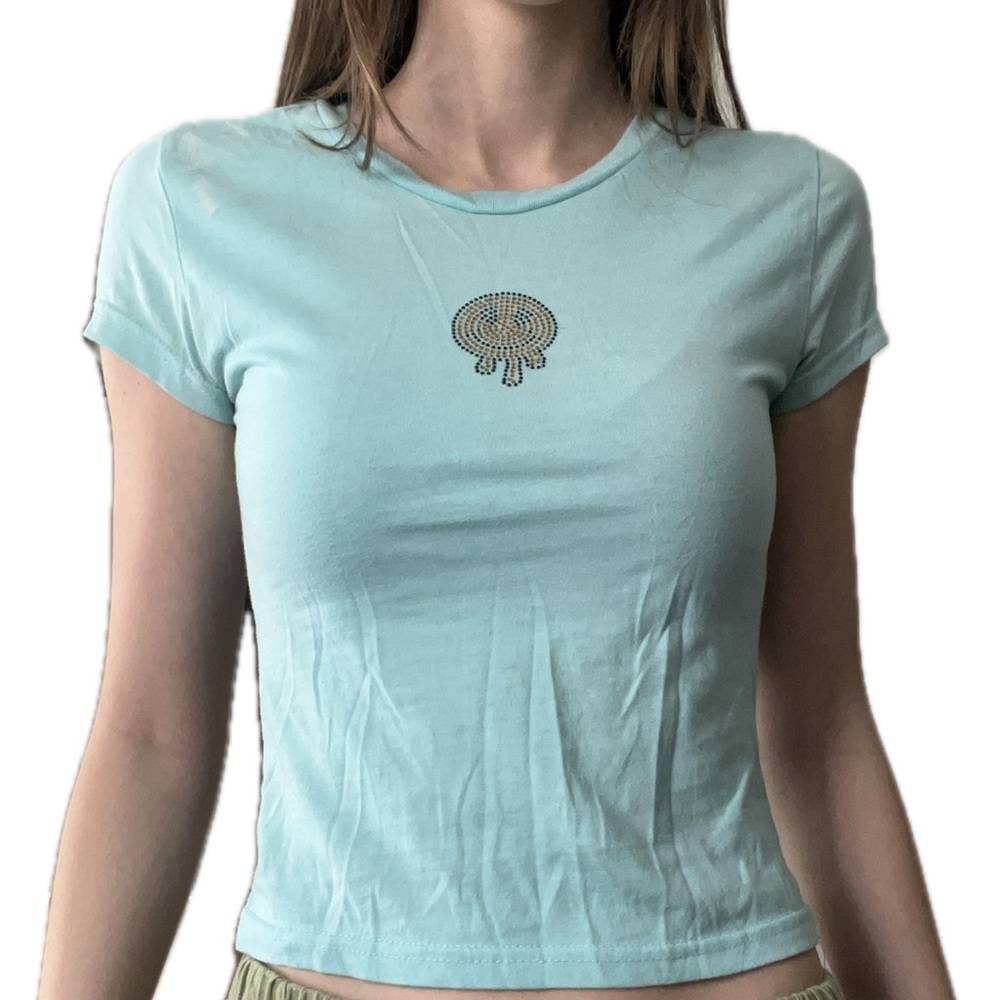 Rue 21 Light Blue Rhinestone Smiley Women's Top